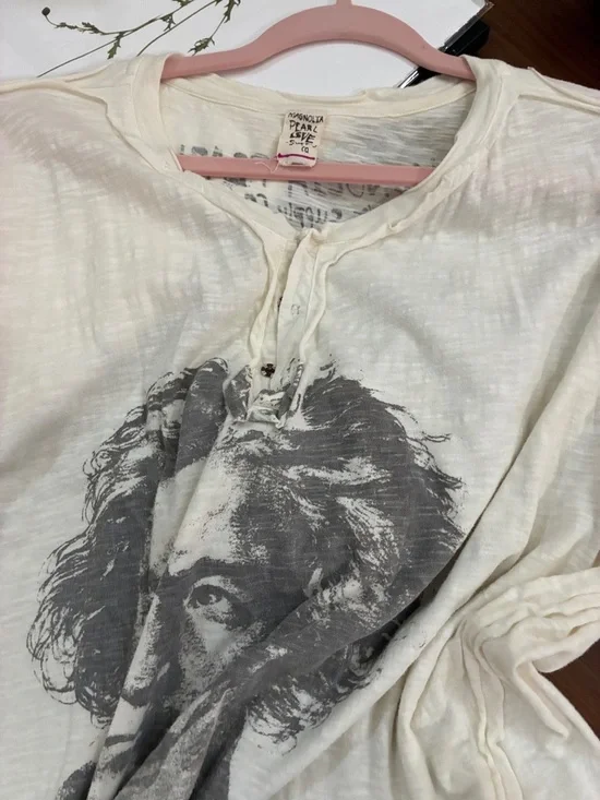 Magnolia Pearl. Rare. Beethoven Graphic Henley Tee - Cream with Gray Print - Picture 6 of 6